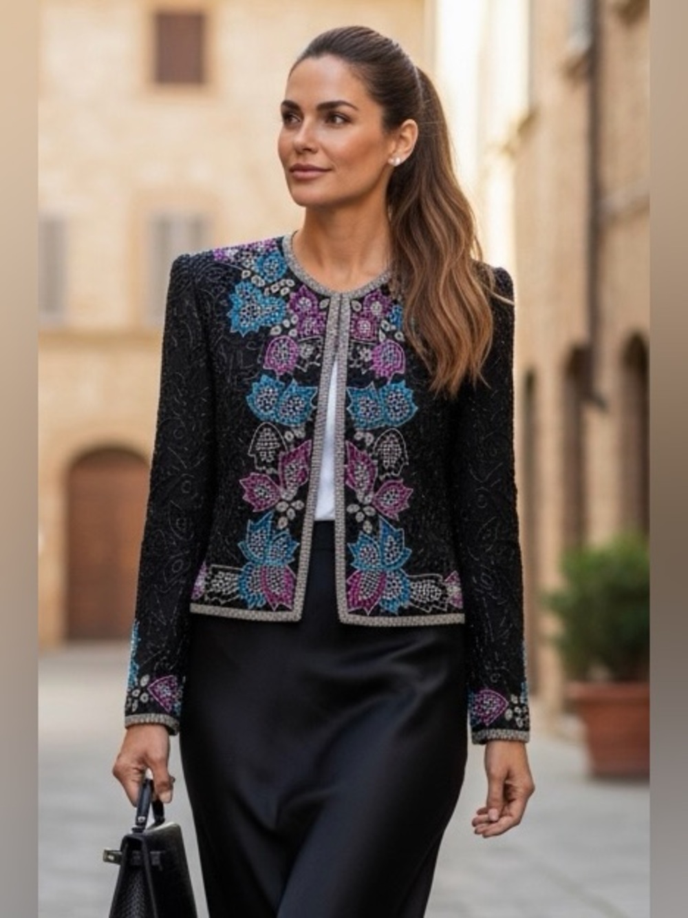 Vintage Night Vogue 100% Silk Black Beaded Jacket Fuchsia Teal Floral Size M